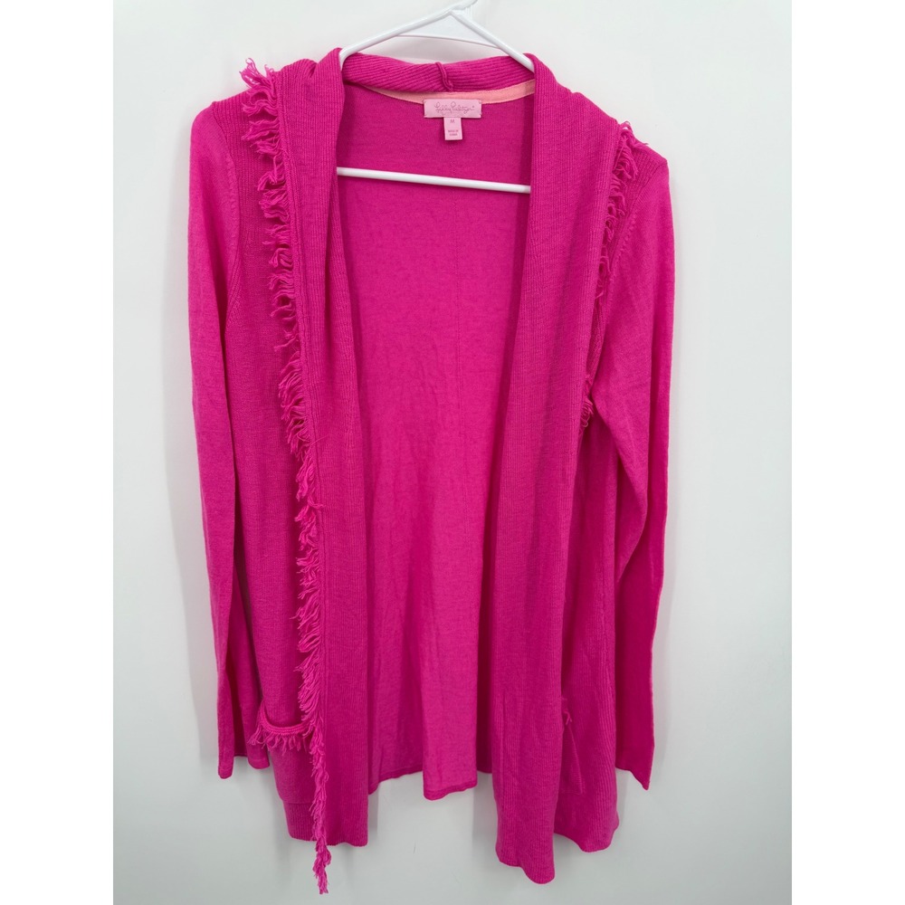 Lilly‎ Pulitzer 28042 Cardigan Sweater Womens M Pink Fringe Wool Cashmere Blend